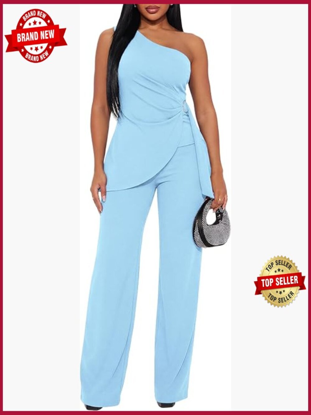 Elegant 2 Piece Pant Suit One Shoulder Top Flare Pants Sets Formal Jumpsuit